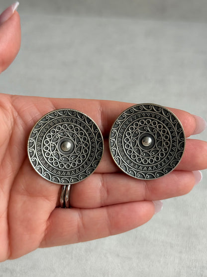 Ayura Designs Moksha Earrings – Oversized Oxidised Disc Stud Earrings with Intricate Cutwork Detailing