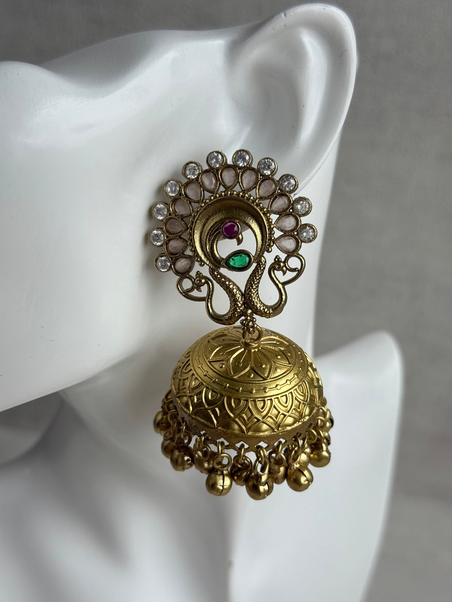 Ayura Designs Moraya Jhumkis – Blush Pink Peacock Motif with Antique Gold Detailing