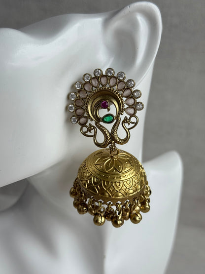 Ayura Designs Moraya Jhumkis – Blush Pink Peacock Motif with Antique Gold Detailing