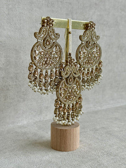 Ayura Designs Anvi Tikka Set with Earrings – Champagne Stones with Ivory Pearl Drops