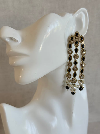 Ayura Designs Emilia Earrings – Gold Triple Strand Statement Earrings with Black Stones & Pearl Drops