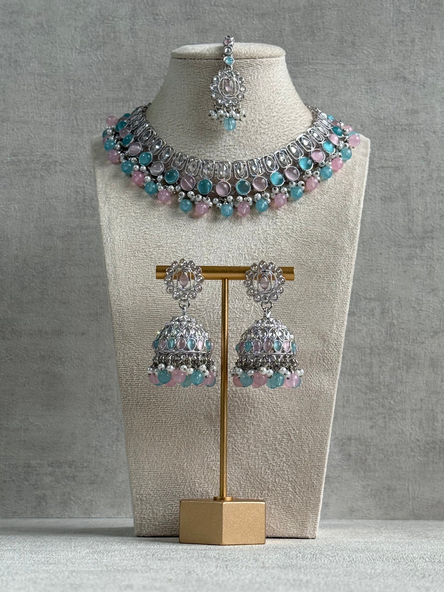 Ayura Designs Rayal Set – Silver Necklace, Jhumkis & Tikka with Aqua Blue, Blush Pink & Pearl Detailing
