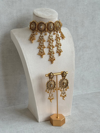 Ayura Designs Kabini Choker Set with Earrings – Gold Kundan Waterfall Choker with Ivory Pearls