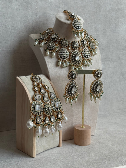 Ayura Designs Ayesha Bridal Set with Necklace, Earrings, Tikka & Passa – Emerald Green Enamel, Mirror-Cut Stones, Pearls & Antique Gold Kundan Detailing