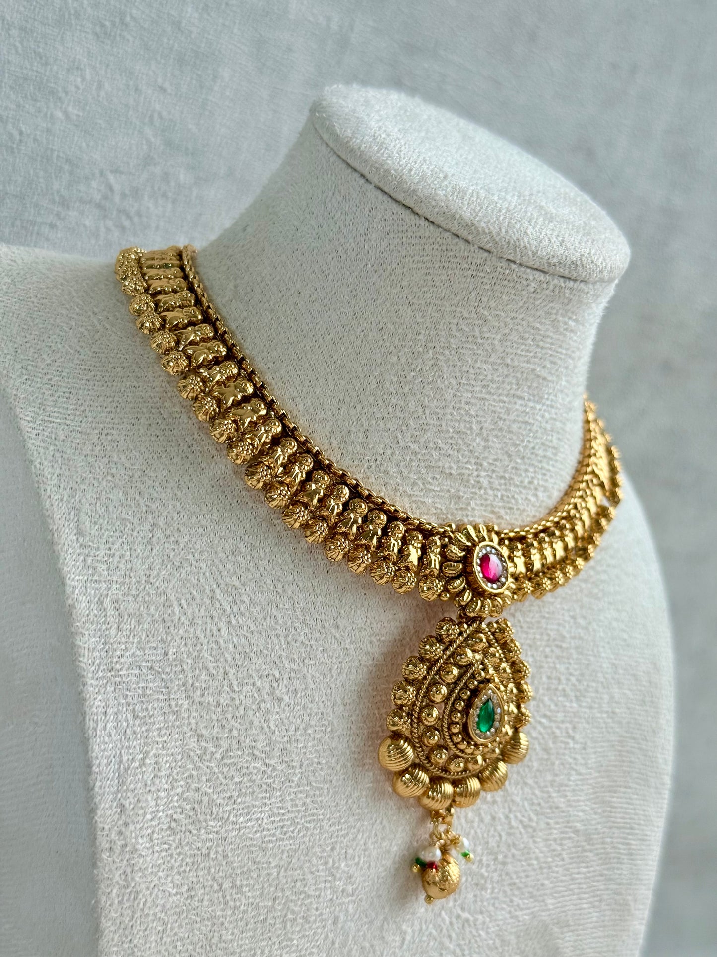 Ayura Designs Ayma Necklace Set with Earrings – Antique Gold Finish with Ruby Pink, Emerald Green & Crystal Detailing