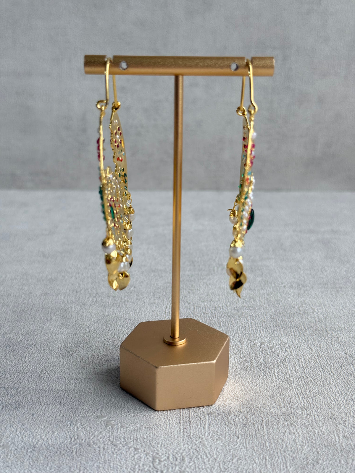 Ayura Designs Nimrat Balis – Emerald Green & Multicolour Stones, Ivory Pearl Beads & Pippal Patti, Gold Finish