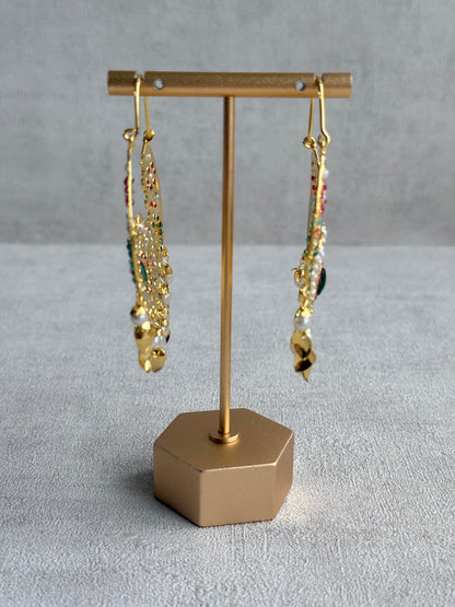 Ayura Designs Nimrat Balis – Emerald Green & Multicolour Stones, Ivory Pearl Beads & Pippal Patti, Gold Finish