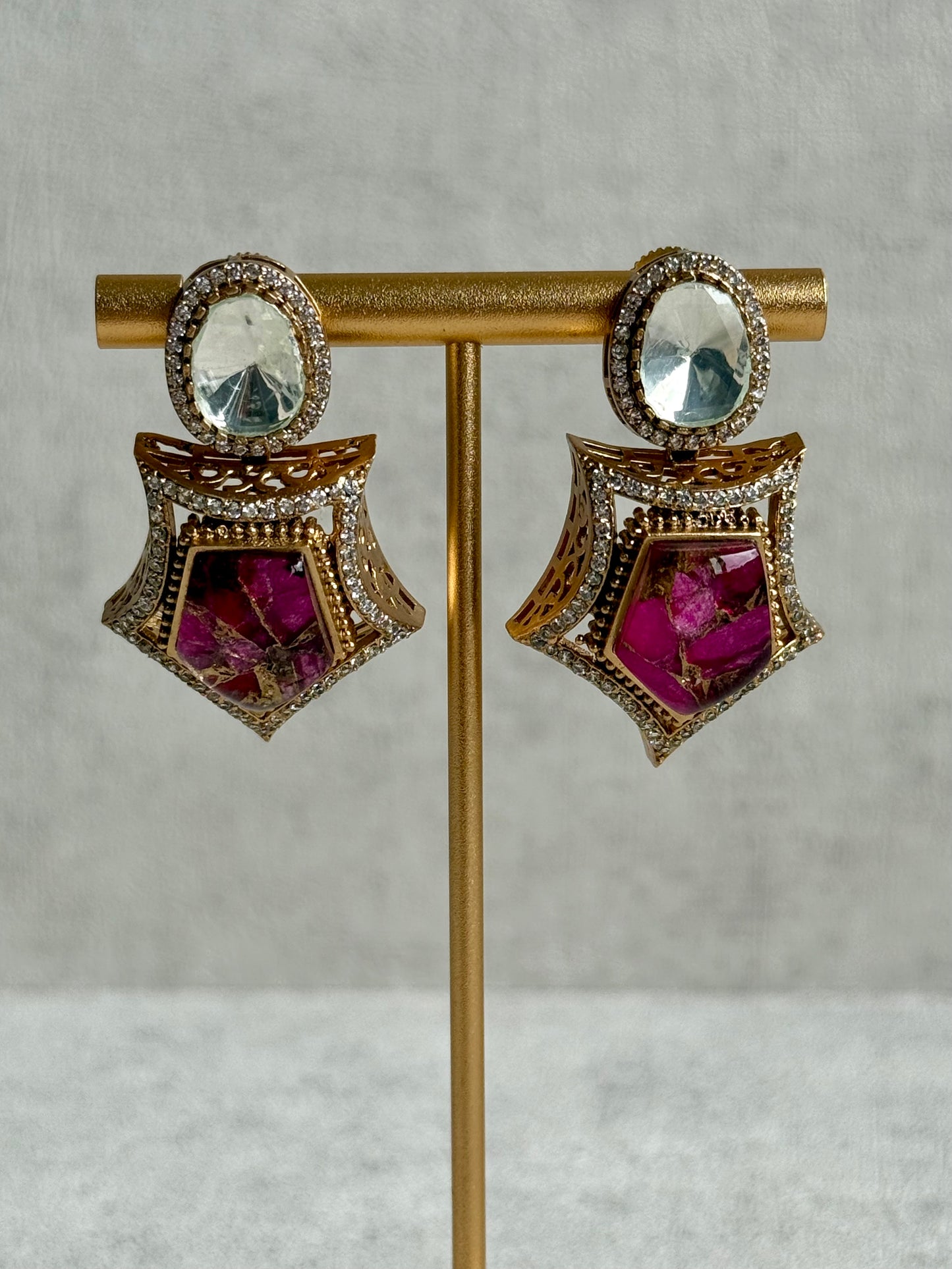 Ayura Designs Krupa Set – Necklace & Earrings with Magenta Stone featuring Natural Marbling, Mirror-Cut Kundan & Antique Gold Detailing