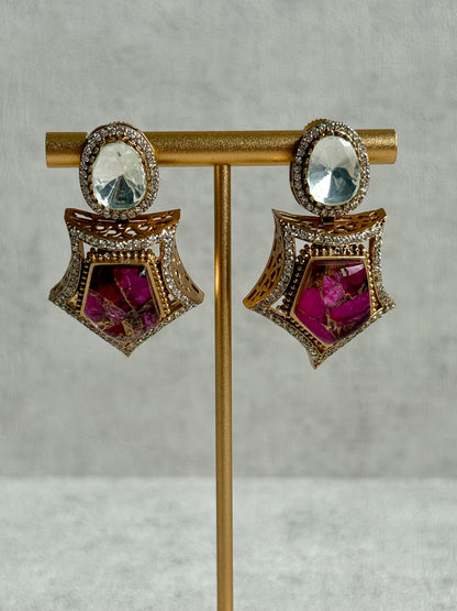 Ayura Designs Krupa Set – Necklace & Earrings with Magenta Stone featuring Natural Marbling, Mirror-Cut Kundan & Antique Gold Detailing