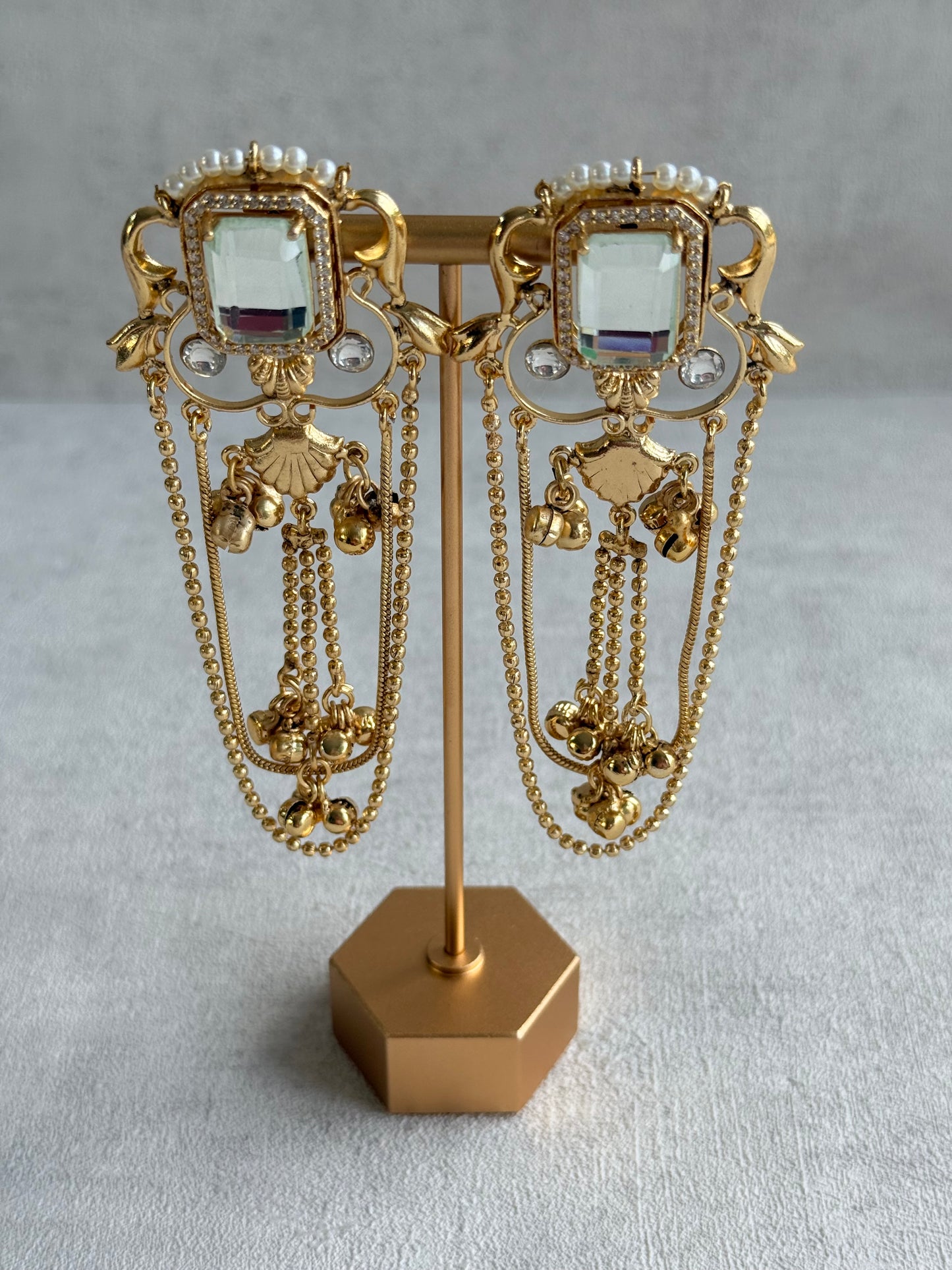 Ayura Designs Jaid Earrings – Crystal Floral Motif with Layered Chains & Ghungroos