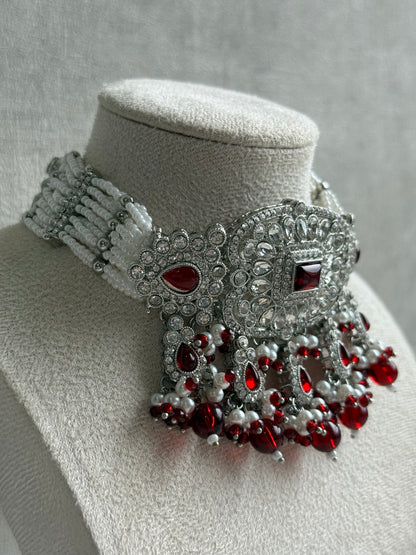 Ayura Designs Nandhini Set – Choker, Earrings & Tikka with Ruby Red Stones, Pearls & Silver Finish