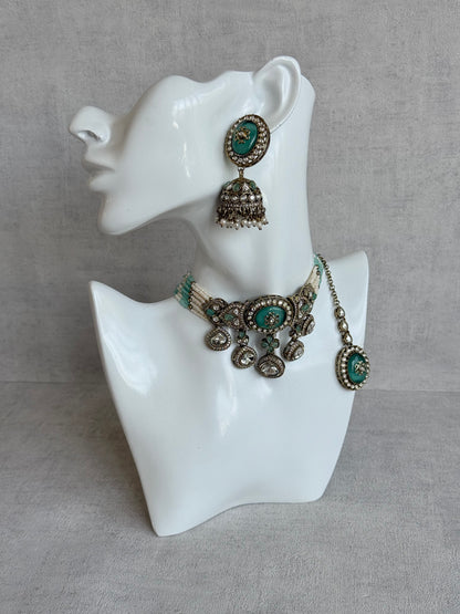 Ayura Designs Myra Choker Set with Jhumkis & Tikka – Mint Green Kundan & Pearl Detailing