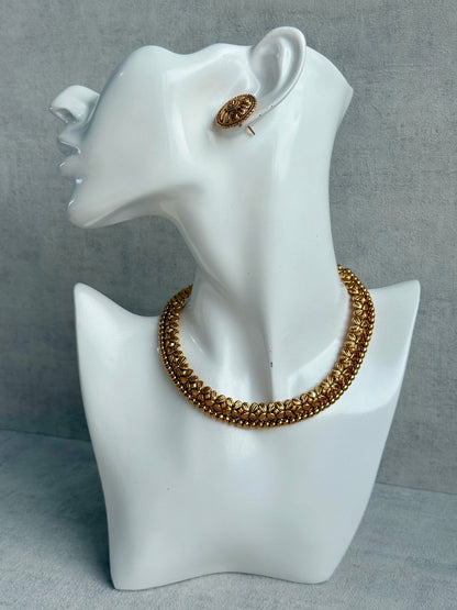 Ayura Designs Sathya Necklace Set with Stud Earrings – Antique Gold Temple Style with Textured Beadwork