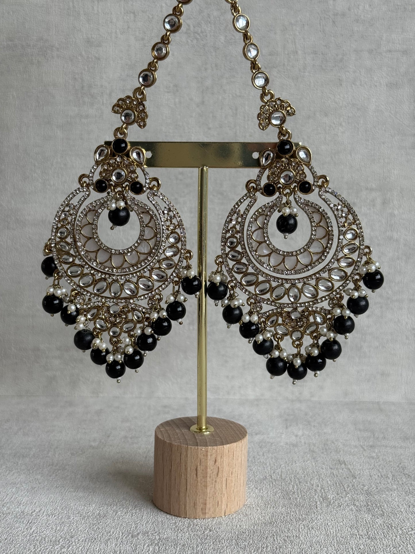 Ayura Designs Rabia Chandbalis – Antique Gold Kundan Earrings with Black Beads, Pearls & Attached Sahare