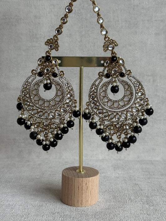 Ayura Designs Rabia Chandbalis – Antique Gold Kundan Earrings with Black Beads, Pearls & Attached Sahare