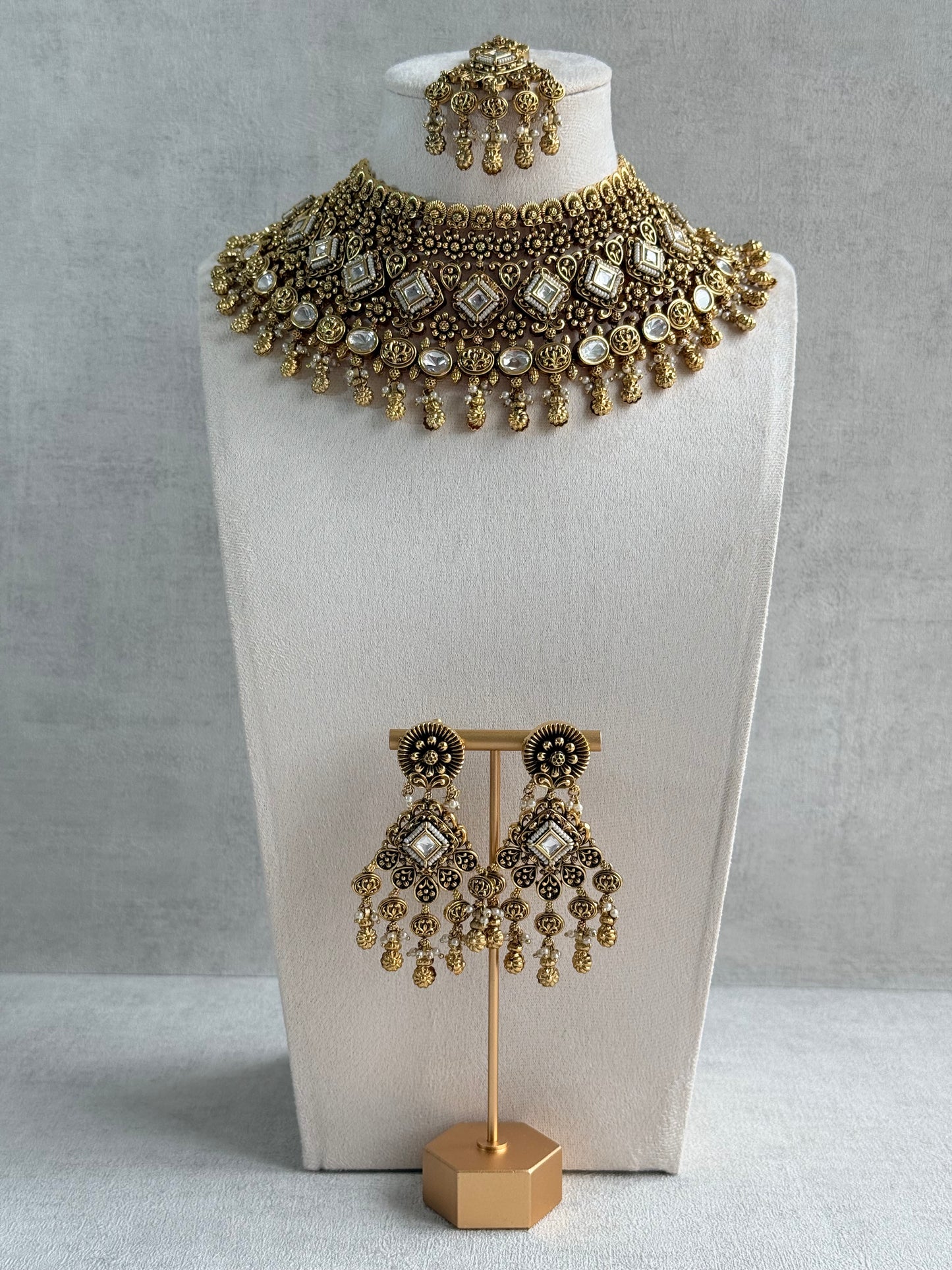 Ayura Designs Ehsaas Bridal Set with Earrings & Tikka – Kundan Stones, Pearls in Antique Gold Finish