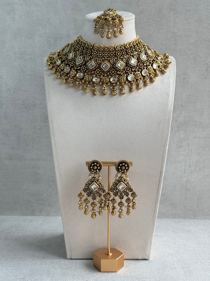 Ayura Designs Ehsaas Bridal Set with Earrings & Tikka – Kundan Stones, Pearls in Antique Gold Finish