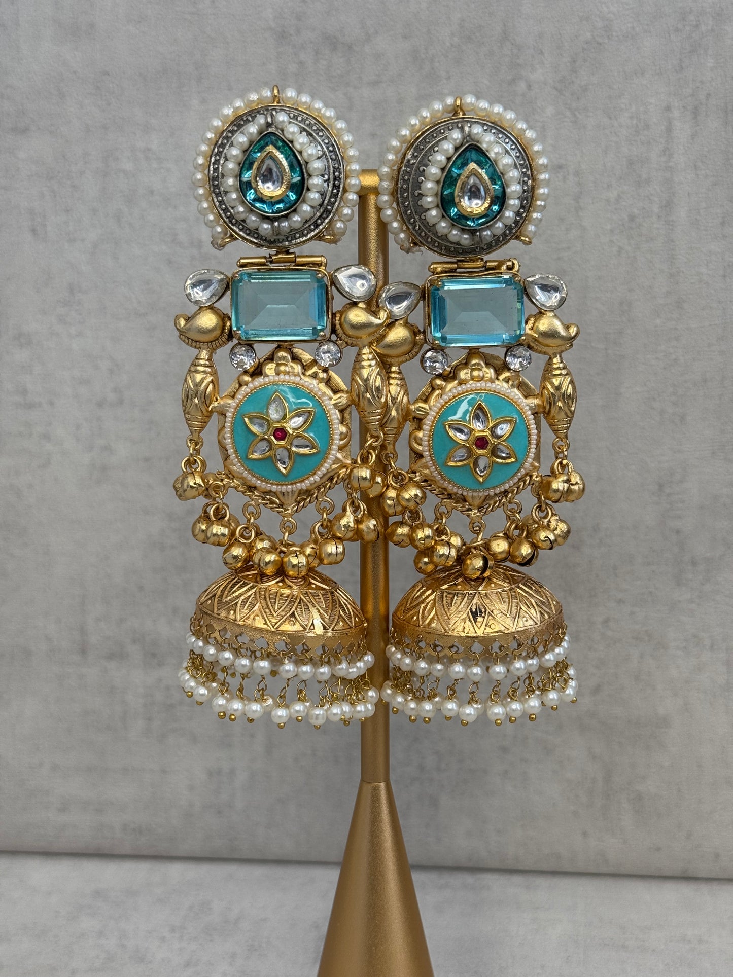 Ayura Designs Neelam Earrings – Handcrafted Gold-Toned Brass Statement Earrings with Blue Enamel, Kundan, Pearls & Jhumka Detailing