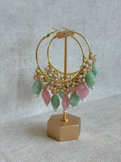 Ayura Designs Heer Balis – Gold Hoops with Mint & Blush Marble Beads, Pearls & Crystal Detailing