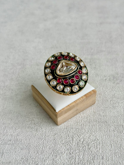 Ayura Designs Firdos Adjustable Ring – Mirror-Cut Stone Statement Ring with Green Enamel & Ruby Pink Detailing