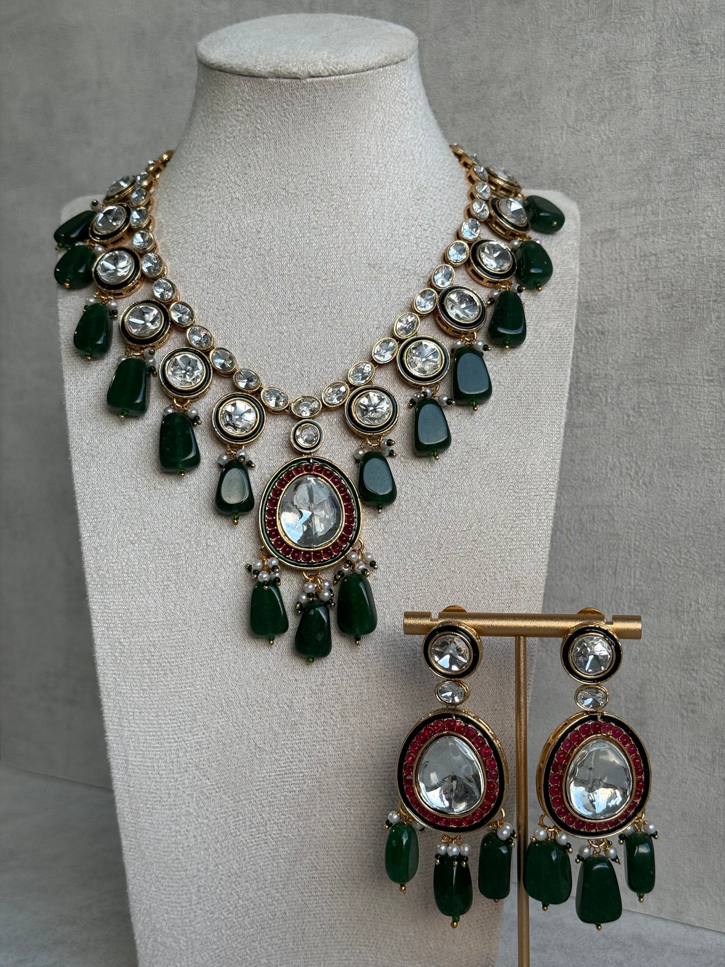 Ayura Designs Emaanat Set with Necklace & Earrings – Ruby & Emerald Accents, Polki Kundan & Antique Gold Finish