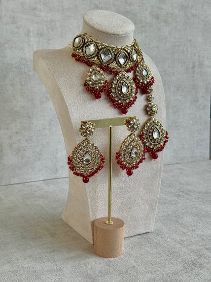 Ayura Designs Kirpa Choker Set with Earrings & Tikka – Ruby Red Beads & Mirror-Cut Stones