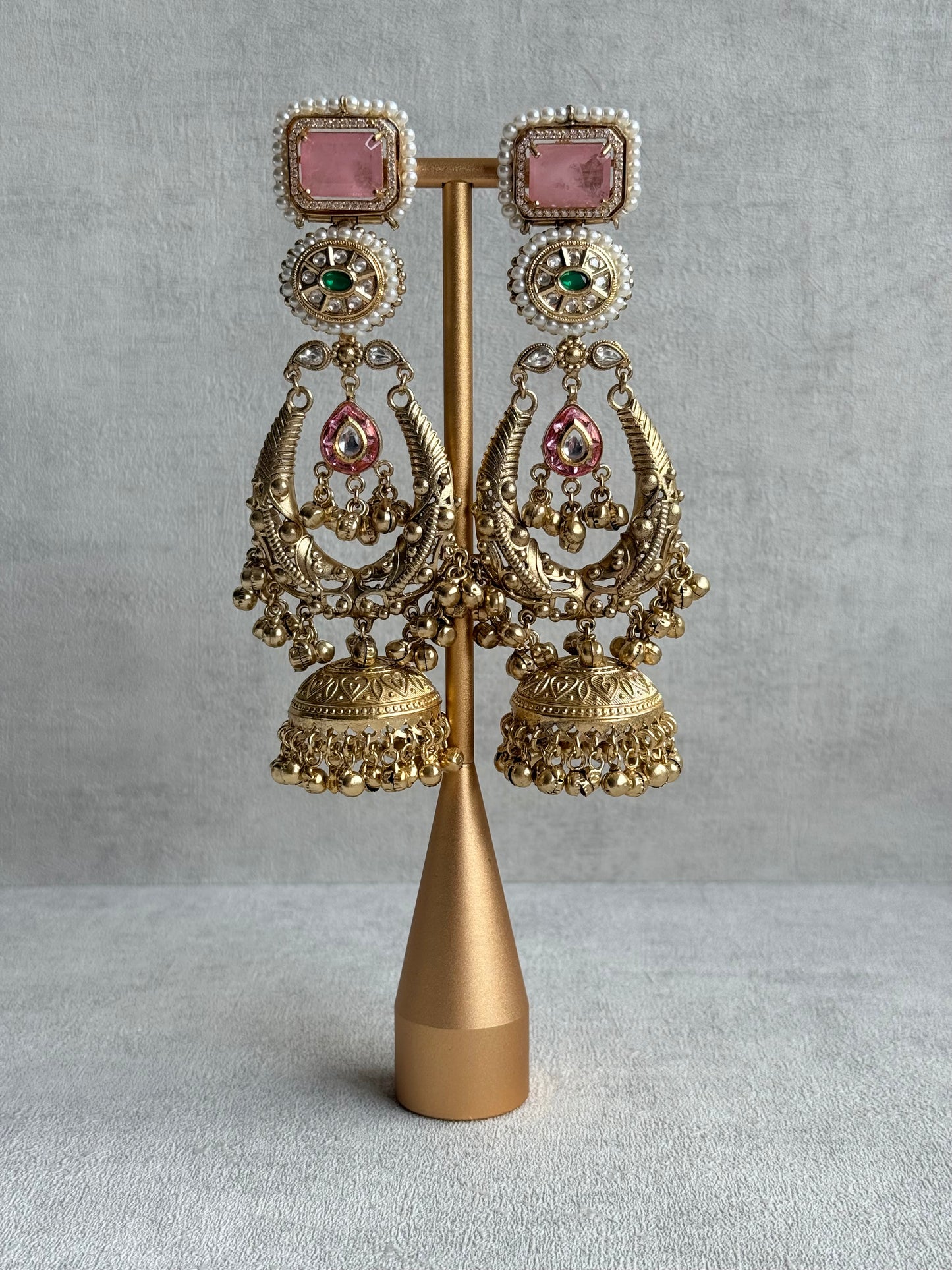 Ayura Designs Zirwa Earrings – Statement Jhumkis with Pink Stones, Green Accents & Pearl Borders & Ghungroos