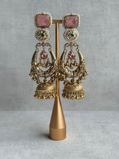 Ayura Designs Zirwa Earrings – Statement Jhumkis with Pink Stones, Green Accents & Pearl Borders & Ghungroos
