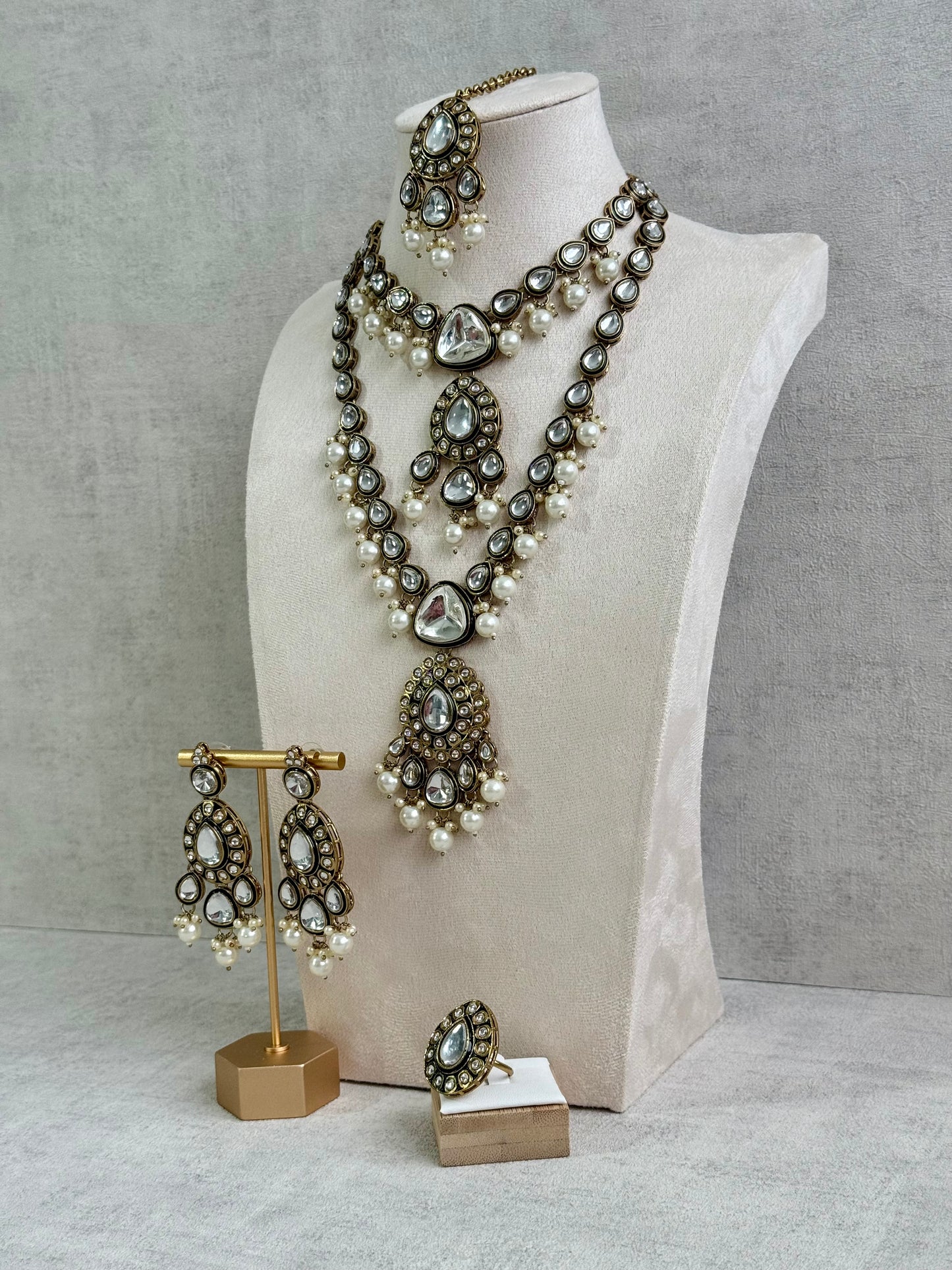 Ayura Designs Kalika Set with Necklace, Earrings, Tikka & Ring – Polki-Style Stones with Antique Green Enamel Detailing & Pearl Drops