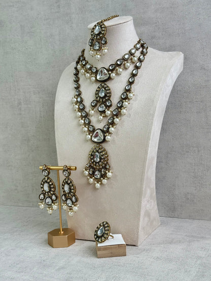 Ayura Designs Kalika Set with Necklace, Earrings, Tikka & Ring – Polki-Style Stones with Antique Green Enamel Detailing & Pearl Drops