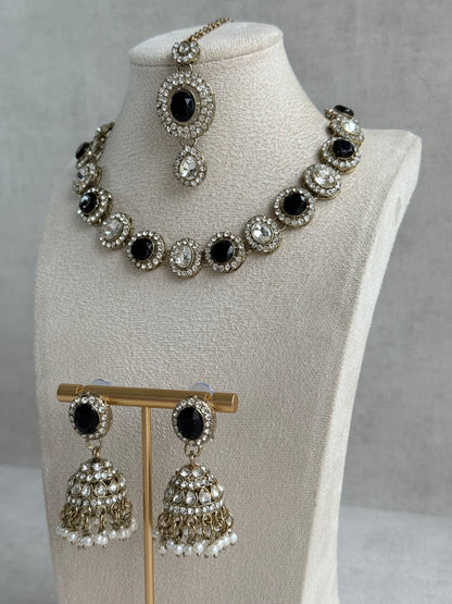 Ayura Designs Eira Necklace Set with Earrings & Tikka – Black & Crystal Stones with Antique Gold Finish