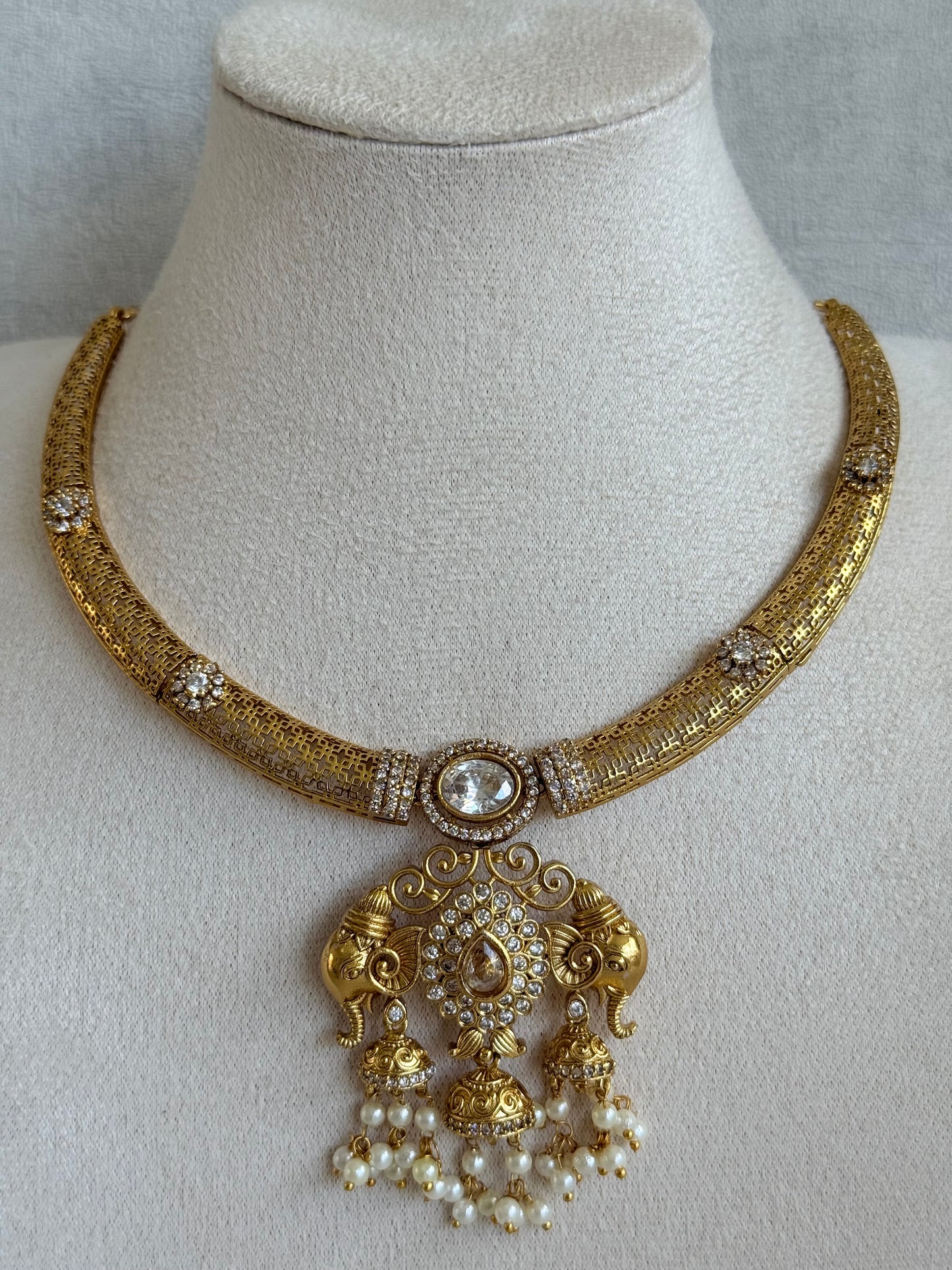 Ayura Designs Wadha Collar Necklace Set with Earrings – Gold Elephant Pendant & White Crystal Detailing