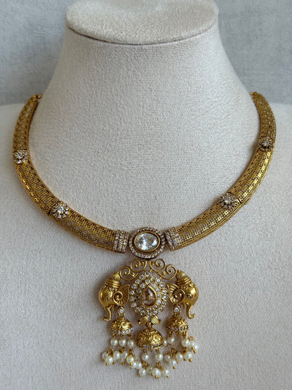 Ayura Designs Wadha Collar Necklace Set with Earrings – Gold Elephant Pendant & White Crystal Detailing