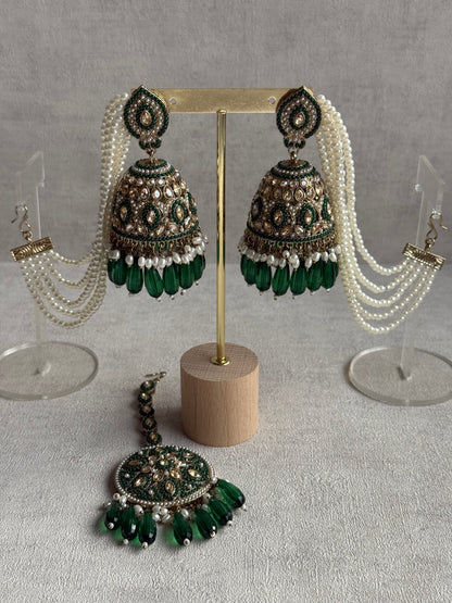 Ayura Designs Amrita Set – Jhumkis with Sahare & Tikka in Emerald Green Beads, Pearls and Antique Gold Finish
