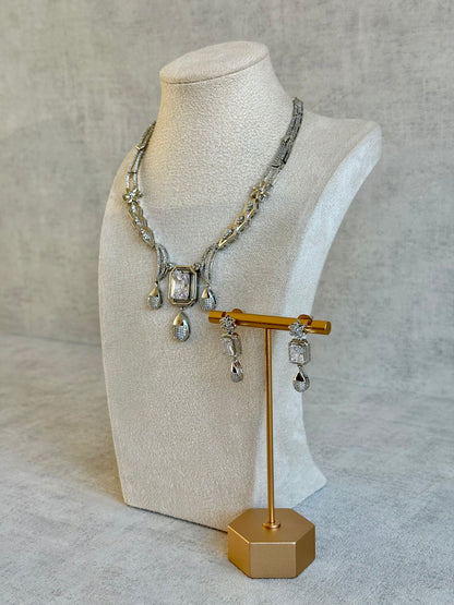 Ayura Designs Estrella Set with Necklace & Earrings – Silver Finish, Moissanite-Inspired Stones and Teardrop Charms