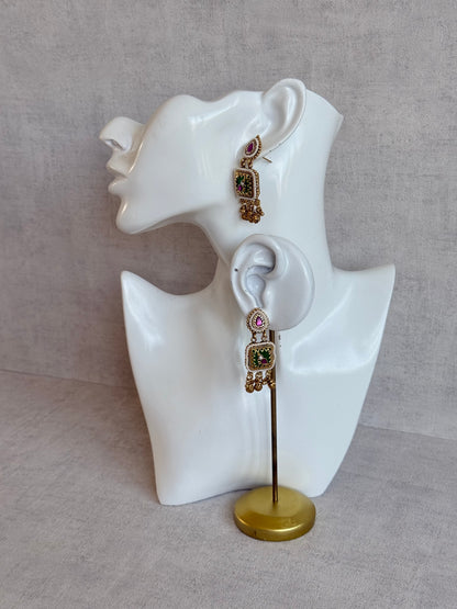 Ayura Designs Inira Drop Earrings – Emerald Green Enamel Bird Earrings with Rani Pink Kundan & Ghungroo Drops