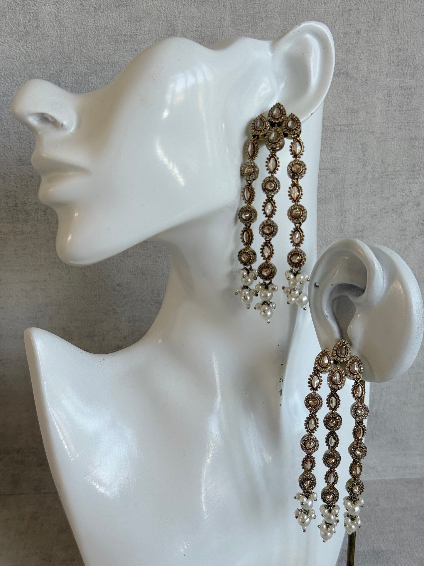 Ayura Designs Emilia Earrings – Gold Triple Strand Statement Earrings with Champagne Stones & Pearl Drops