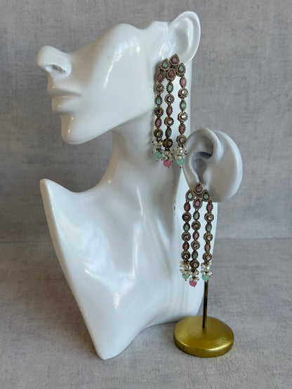 Ayura Designs Emilia Earrings – Gold Triple Strand Statement Earrings with Mint Green & Blush Pink Stones & Pearl Drops