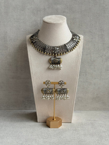 Ayura Designs Taal Necklace Set with Earrings & Tikka – Dual Tone Oxidised Mesh Necklace with Barrel Motifs & Pearl Detailing