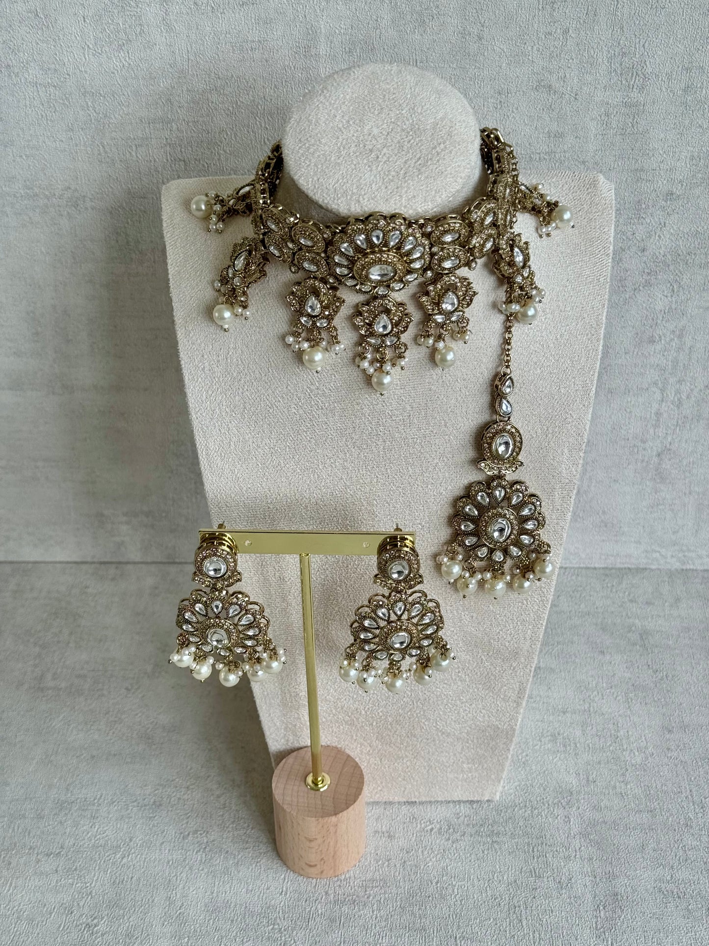 Ayura Designs Nevaya Set with Choker, Earrings & Tikka – Antique Gold with Mirror-Cut Stones & Pearl Drops