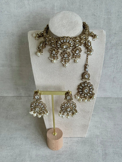 Ayura Designs Nevaya Set with Choker, Earrings & Tikka – Antique Gold with Mirror-Cut Stones & Pearl Drops