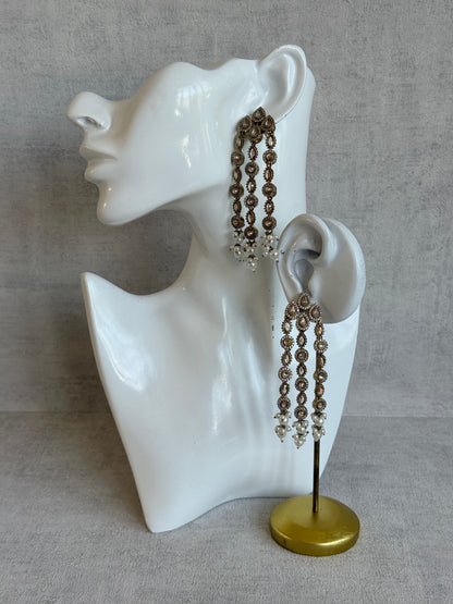Ayura Designs Emilia Earrings – Gold Triple Strand Statement Earrings with Champagne Stones & Pearl Drops