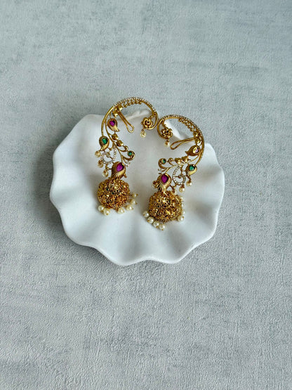 Ayura Designs Nalini Jhumkis – Gold Half Ear Cuffs with Multicolour Stone Accents, Crystal Detailing & Pearl Jhumka Drops