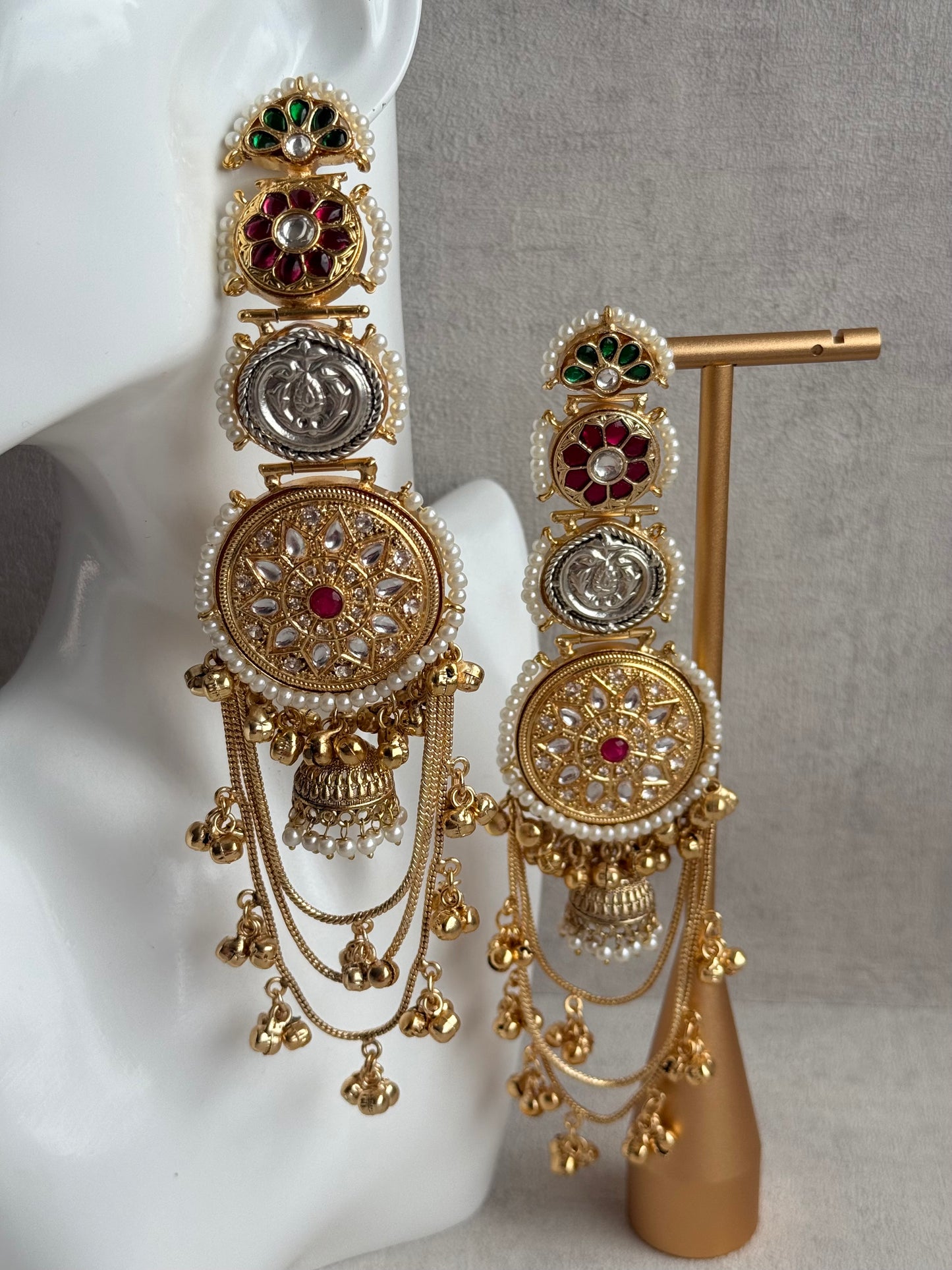 Ayura Designs Zeenia – Statement Kashmiri Earrings with Pearl Borders, Jhumki Drops, Multicolour Meenakari & Ghungroos