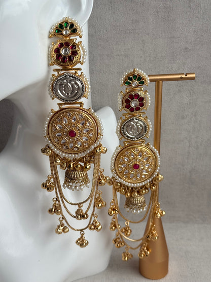 Ayura Designs Zeenia – Statement Kashmiri Earrings with Pearl Borders, Jhumki Drops, Multicolour Meenakari & Ghungroos