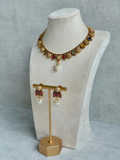 Ayura Designs Mayura Necklace Set with Earrings – Antique Gold Meenakari Motifs with Pearl Drop & Multicolour Stones