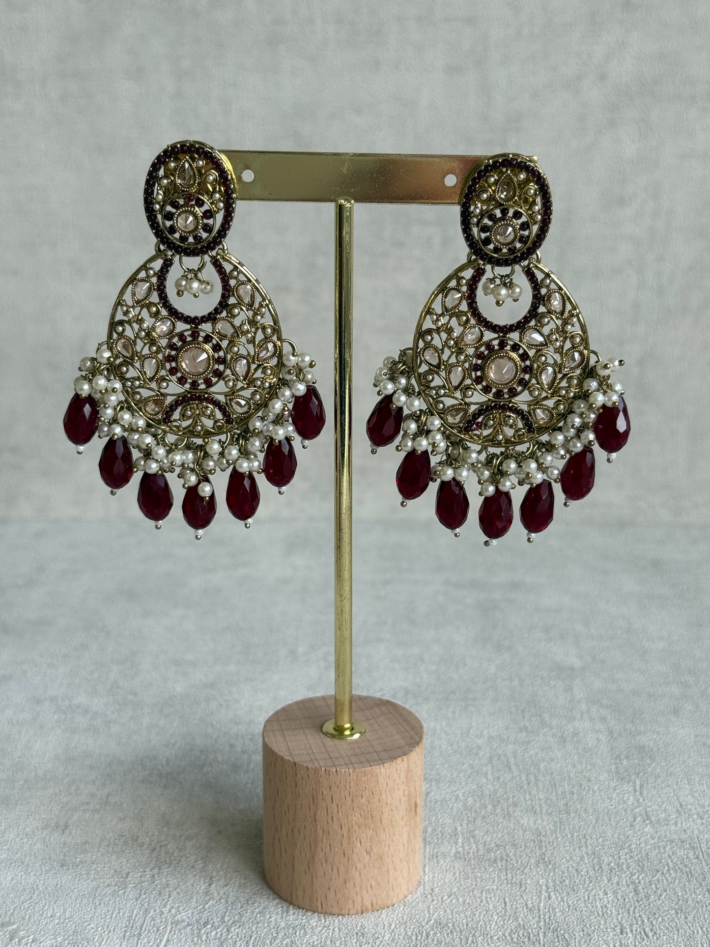 Ayura Designs Almas Tikka Set with Earrings, Tikka & Sahara – Deep Maroon Beads & Antique Gold Finish