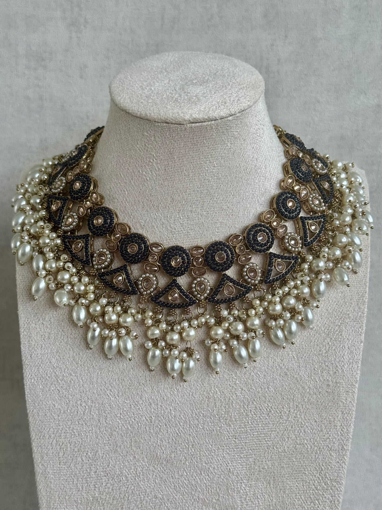 Ayura Designs Noorza Set with Jhumkis and Tikka – Pearl White Stones, Antique Gold & Polki Finish
