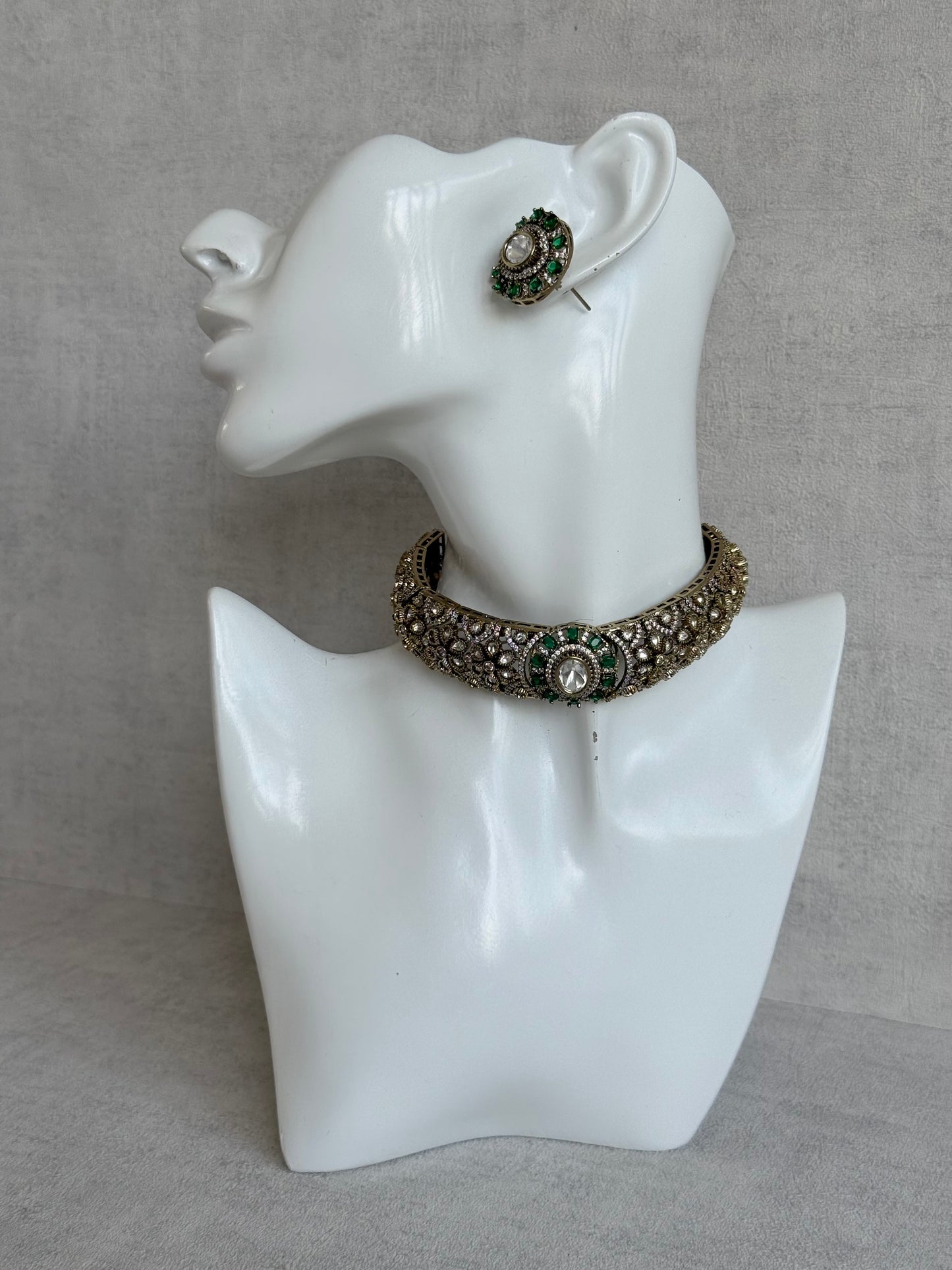Ayura Designs Genevieve Choker Set with Studs – Emerald Green Crystal Kundan in Antique Gold