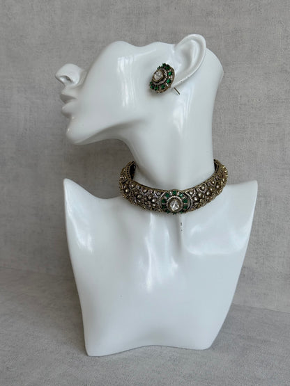 Ayura Designs Genevieve Choker Set with Studs – Emerald Green Crystal Kundan in Antique Gold